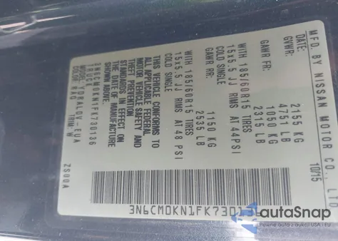 2015 Nissan Nv200 2.5S/2.5Sv z USA, uszkodzony, nr VIN 3N6CM0KN1FK730136